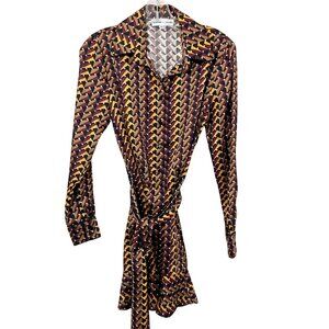 Karina Grimaldi Brown Multicolor Geometric Print Long Sleeve Satin Belt Dress XS